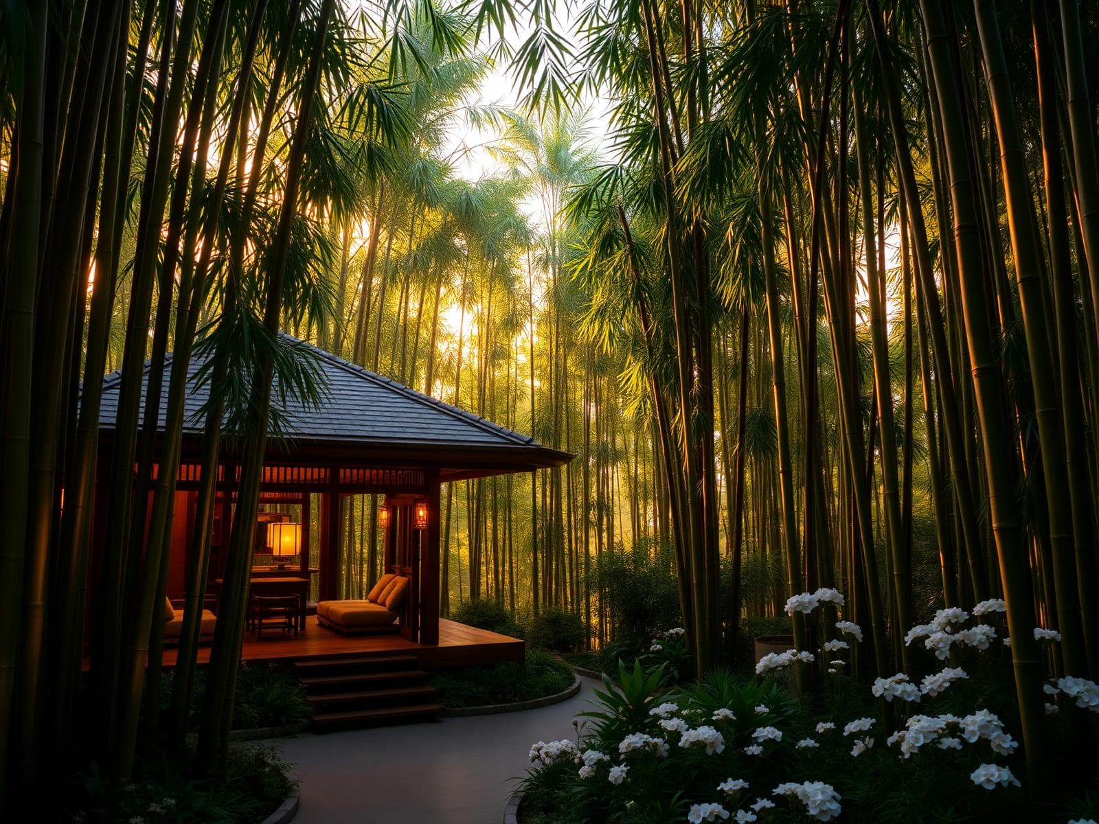 Bamboo Blooms pavilion glowing inside a bamboo grove at golden hour