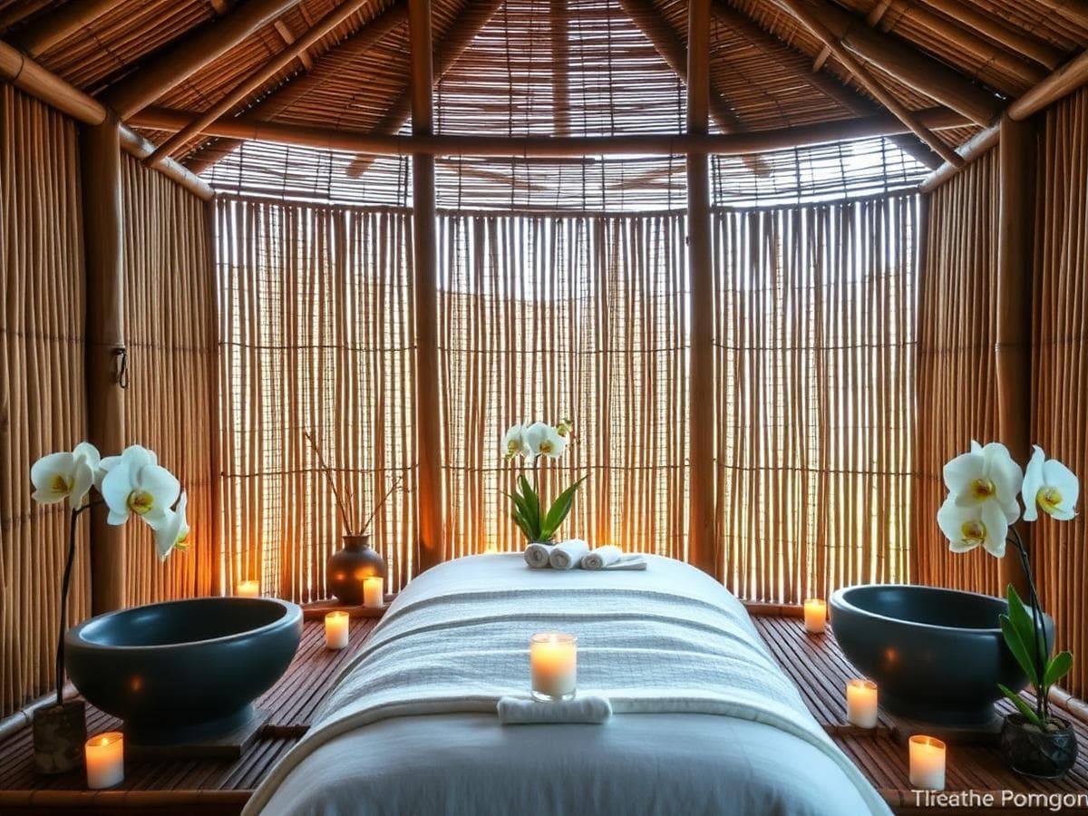 Bamboo spa hut interior with candles and orchids